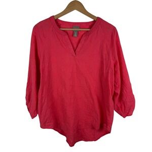 Chicos Floral Embroidered Tunic Top Size 3 XL Pink V-Neck Cotton Resort Boho